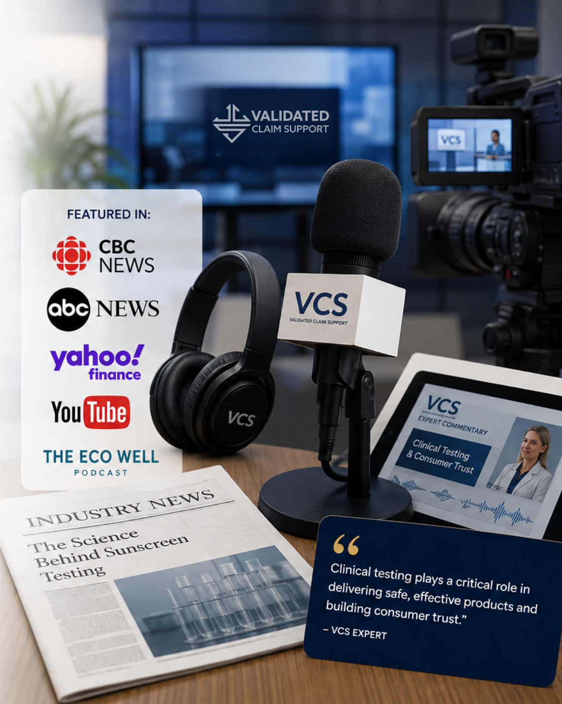 Podcast recording setup with a microphone, headphones, and a camera, featuring logos for VCS, CBC News, ABC News, Yahoo Finance and YouTube on a board side panel.