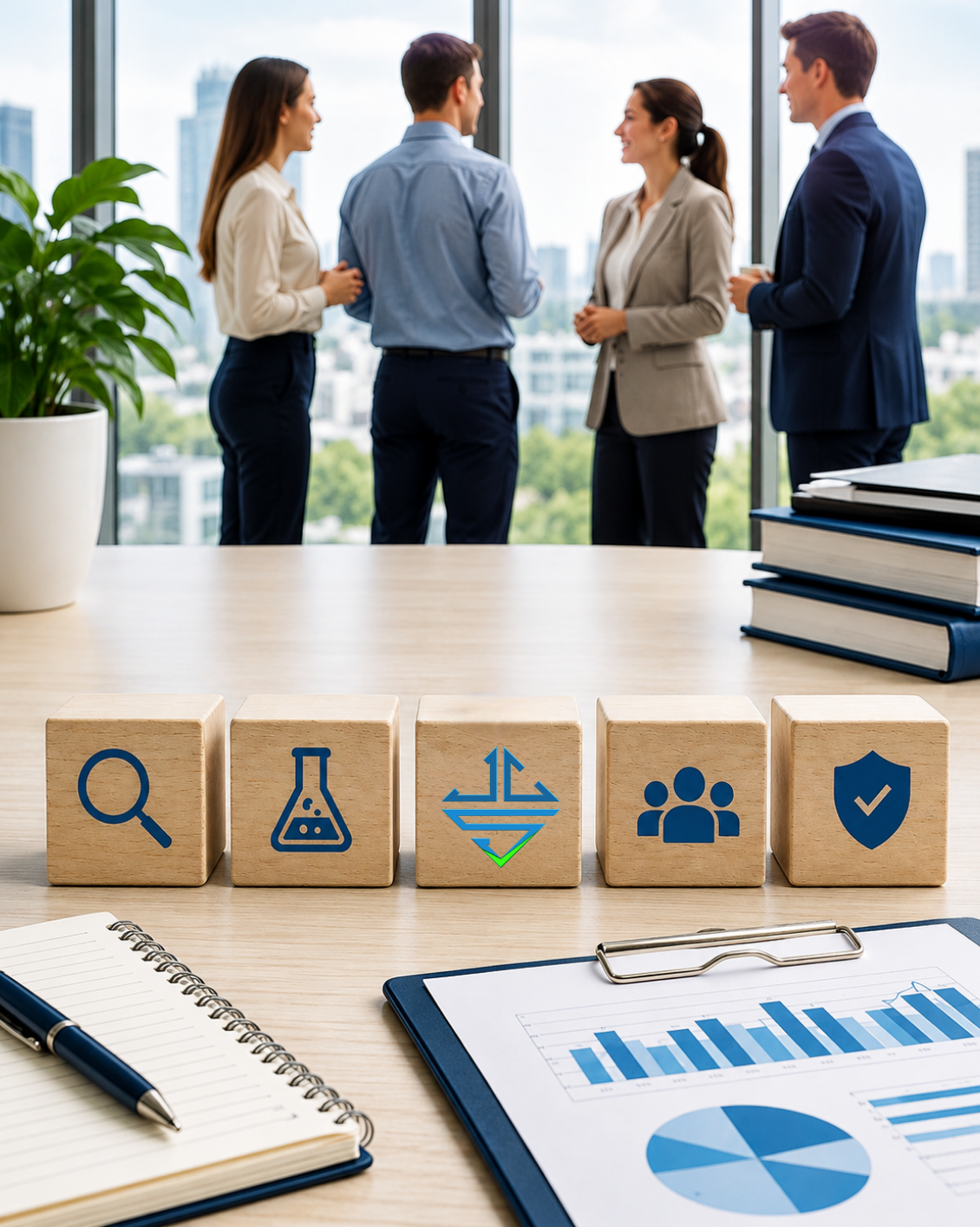 Four professionals in a bright office stand and chat in the background while a desk in the foreground holds wooden blocks with icons for search, a lab beaker, a process/flow symbol, a team, and a shield with a checkmark, plus notebooks and charts.