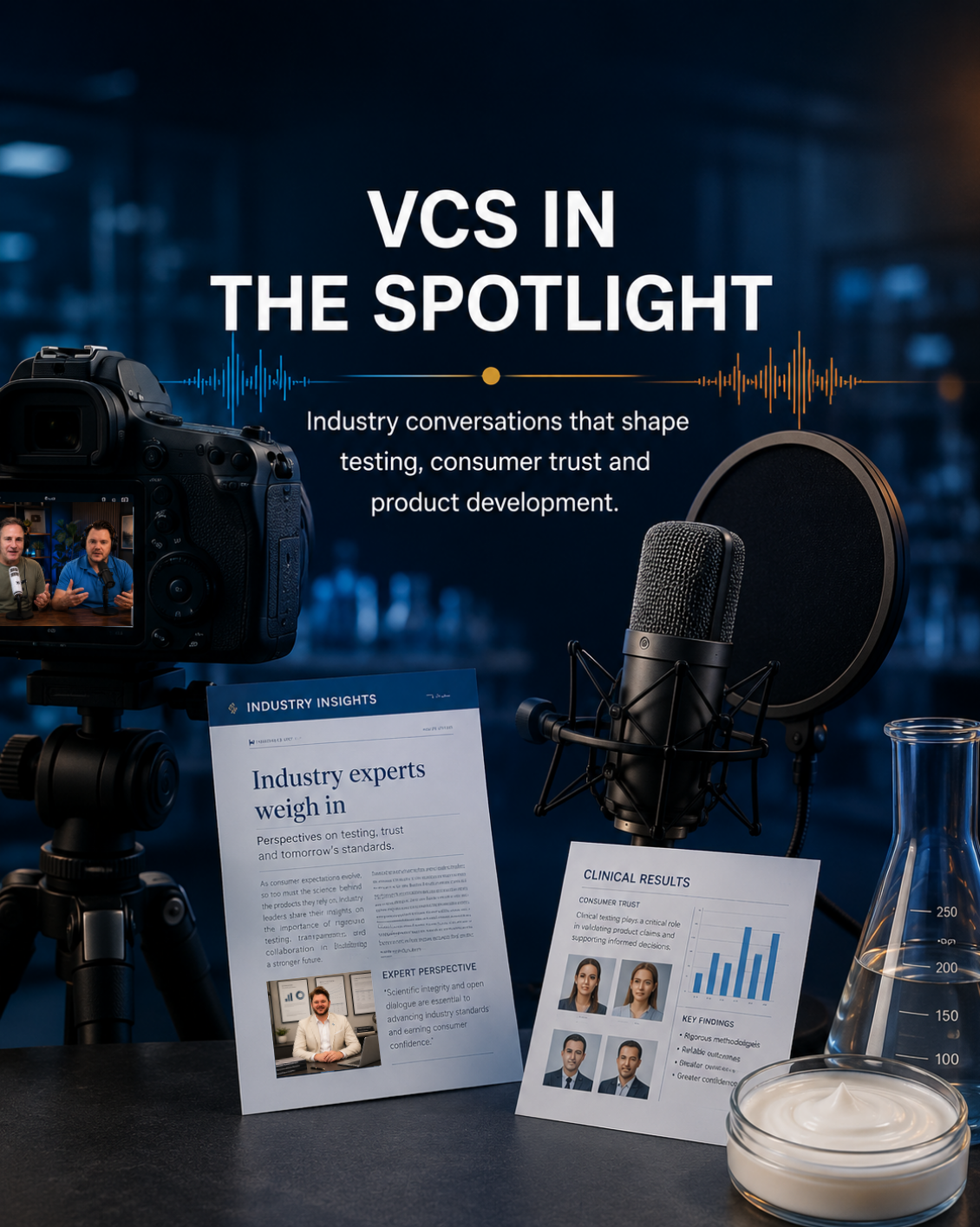 Professional podcast setup with microphone, camera, and industry reports on a blue studio backdrop, 'VCS IN THE SPOTLIGHT' title visible.