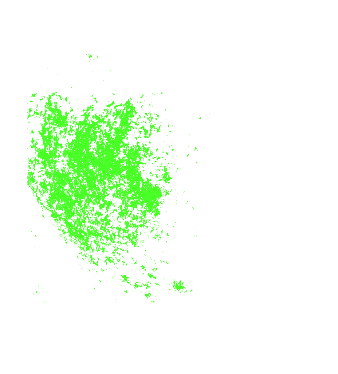 Abstract green paint splatter covering the left side of a white square frame on a black background.