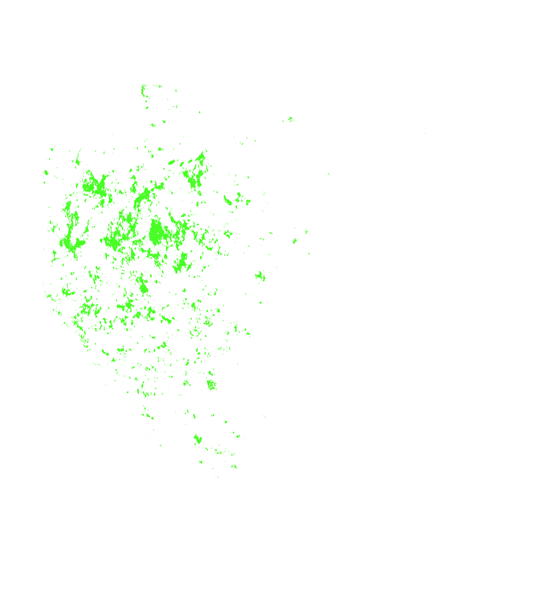 Abstract digital art: lime-green pixel specks clustered in the lower-left inside a white bordered square on a black background.